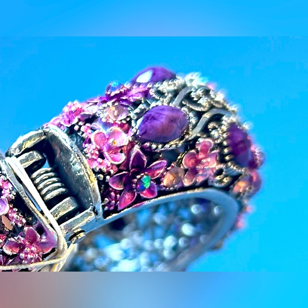 Rhinestone Purple Floral Crystal Clamper Bracelet Statement Jewelry